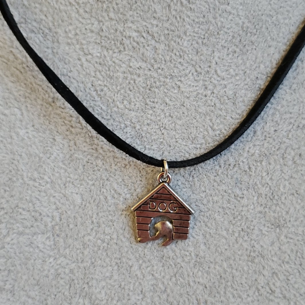 Mens doghouse charm on black suede necklace